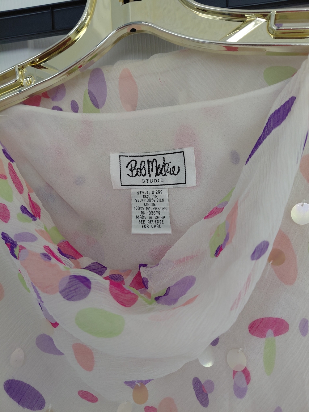 Bob Mackie White Polka Dot Silk Blouse with Pastel Spots